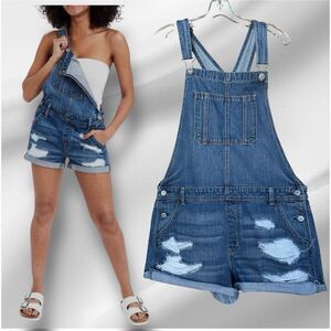 American Eagle Women’s Distressed Tomgirl Shortall Denim Overall Size Large
